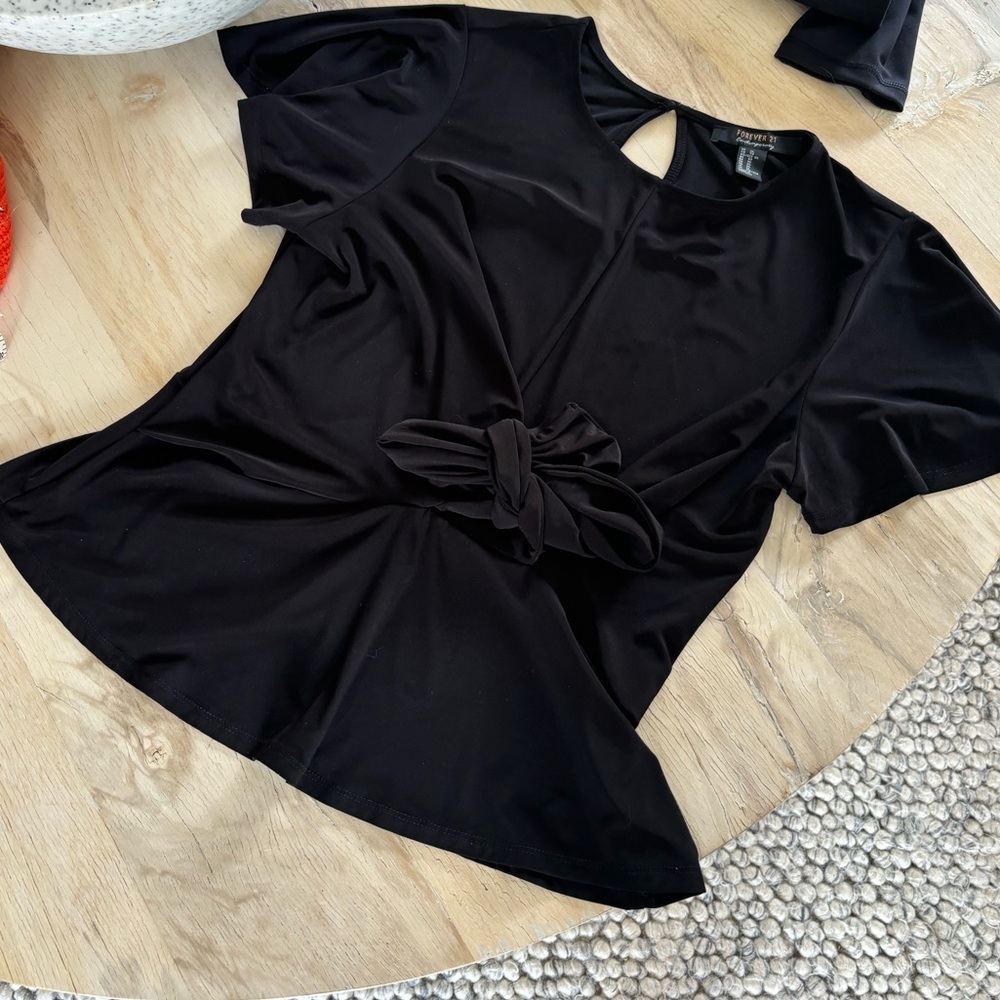 Knot front black blouse